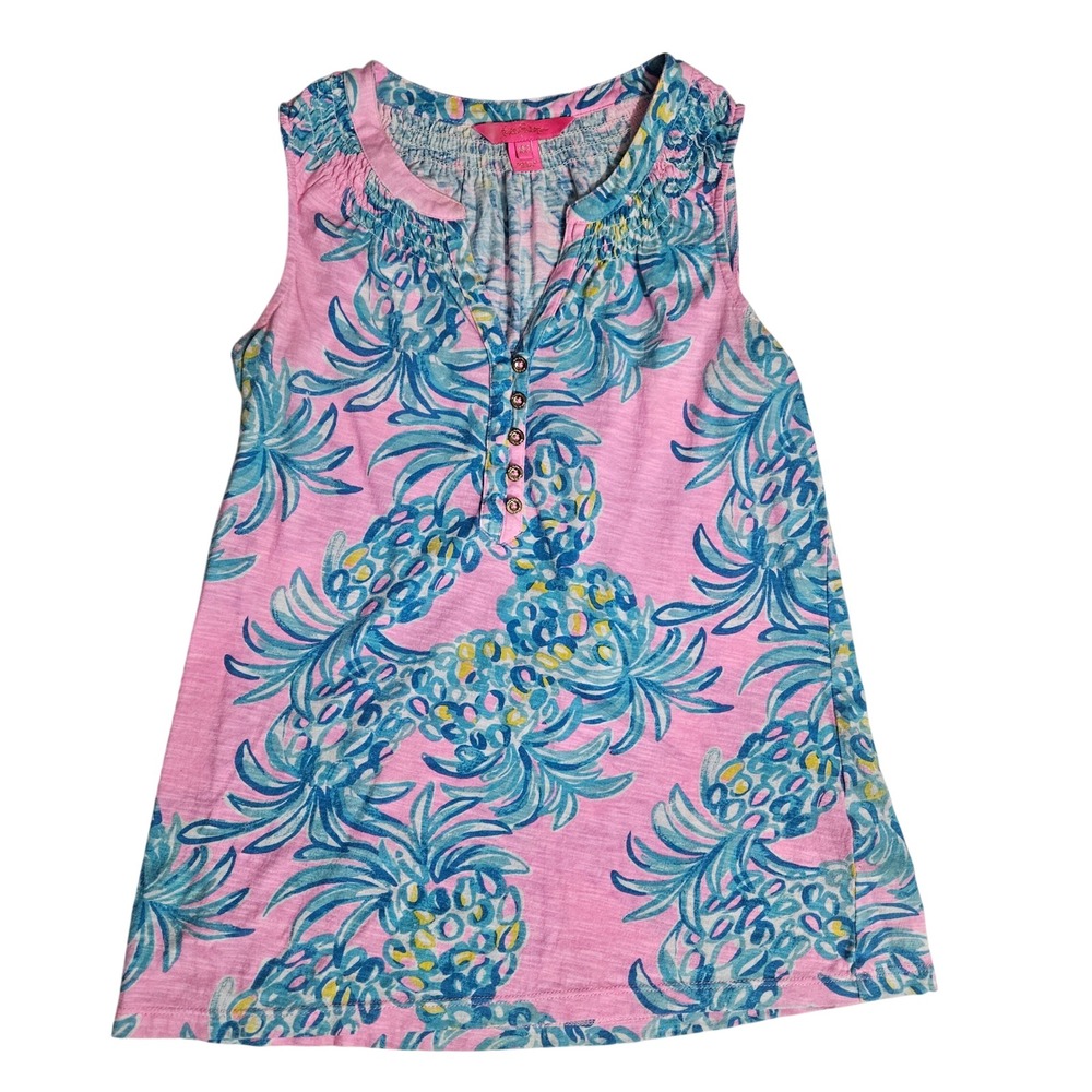 Lilly Pulitzer XXS  Pink Blue Pineapple Print Henley Tank Top Sleeveless